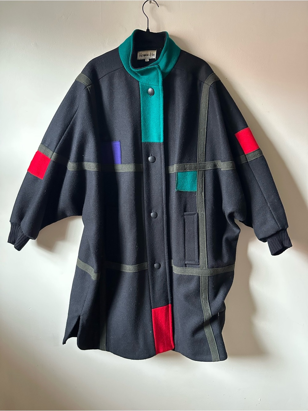 Vintage Herman Kaye Wool Blend Dolman Sleeve Abstract Winter Coat